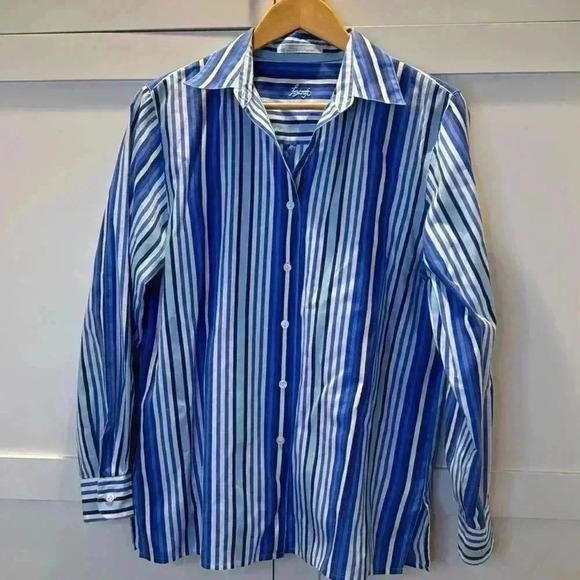 Foxcroft Tops - Foxcroft wrinkle-free Blue White stripe shirt Size 10